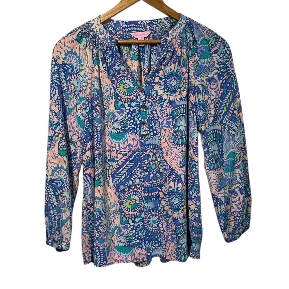 Lilly Pulitzer Elsa Silk Top No-Prob-Llama Blue Pink Floral Blouse Womens SZ XS